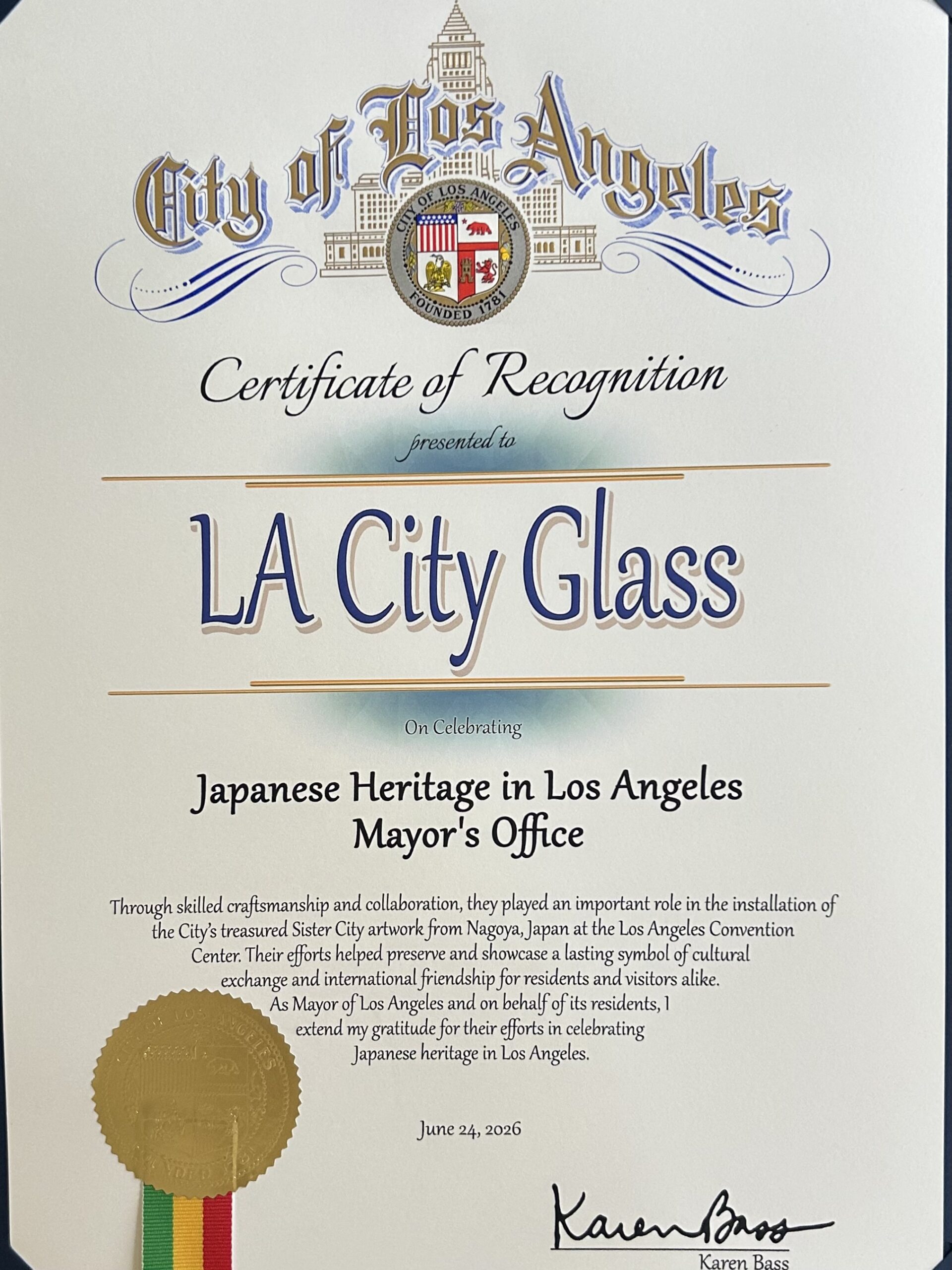 City of Los Angeles Certificate of Recognition presented to LA City Glass signed by Mayor Karen Bass